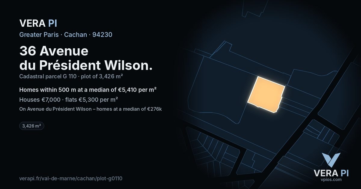 36 Avenue du Président Wilson, Cachan at night – the plot lit, the parcels around coloured by the prices near them