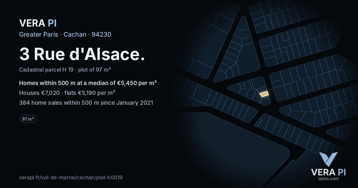 3 Rue d'Alsace, Cachan at night – the plot lit, the parcels around coloured by the prices near them