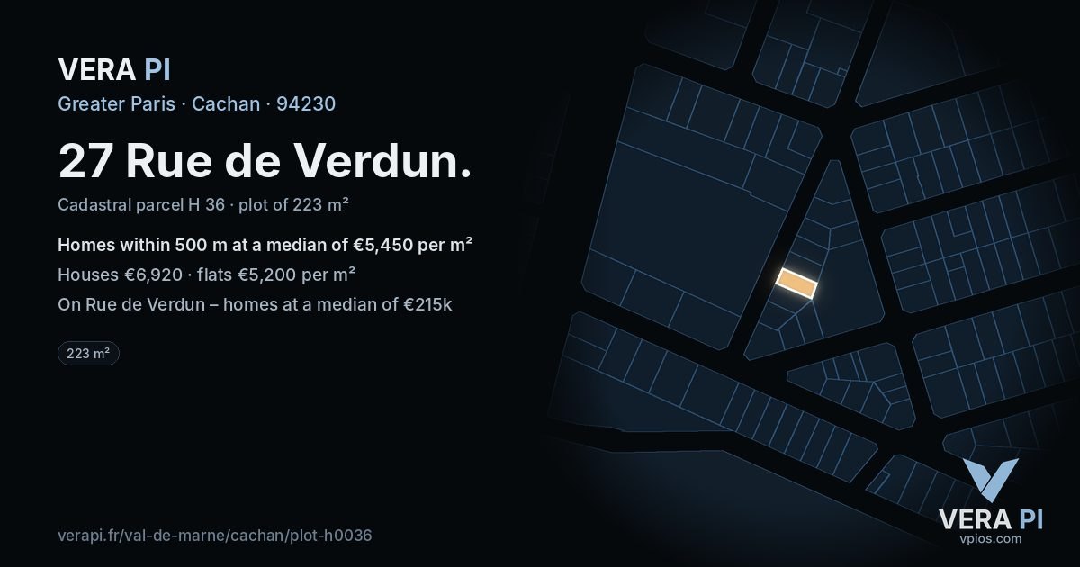 27 Rue de Verdun, Cachan at night – the plot lit, the parcels around coloured by the prices near them