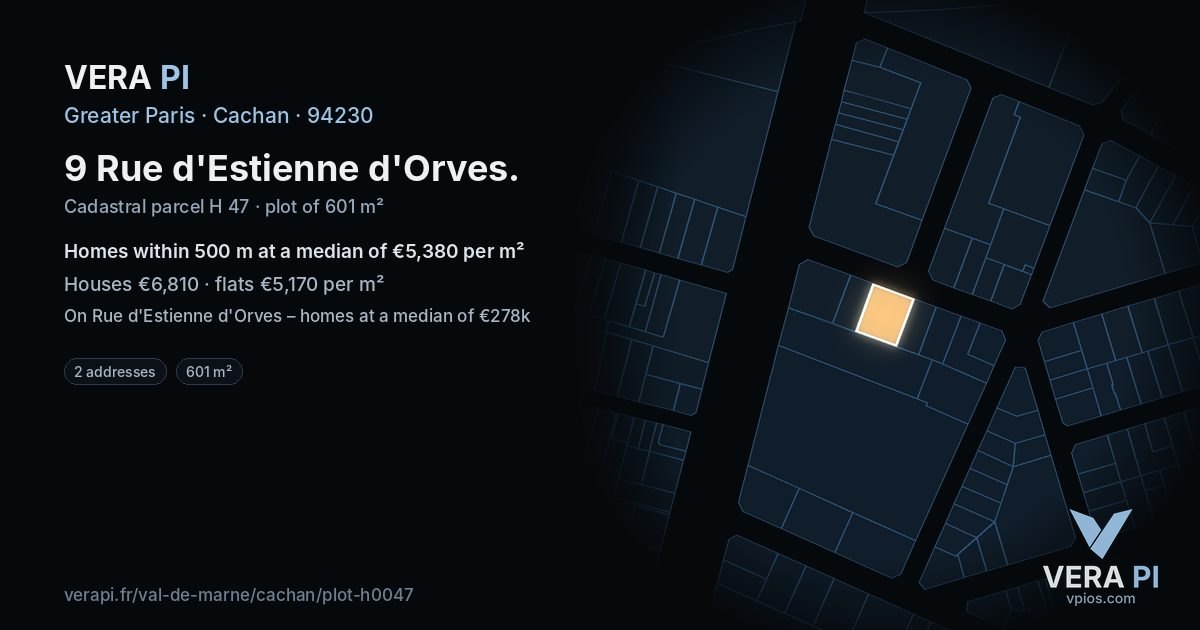 9 Rue d'Estienne d'Orves, Cachan at night – the plot lit, the parcels around coloured by the prices near them