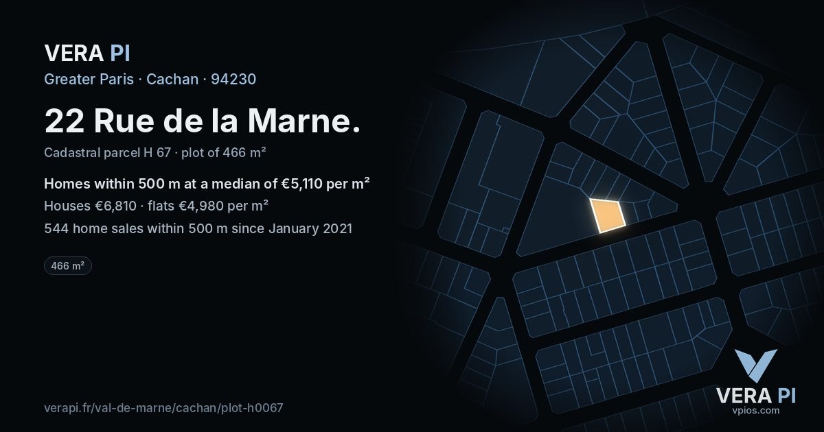 22 Rue de la Marne, Cachan at night – the plot lit, the parcels around coloured by the prices near them