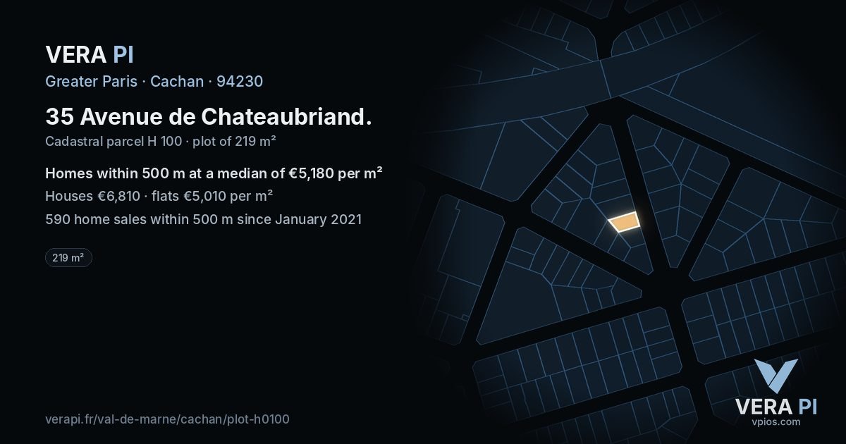 35 Avenue de Chateaubriand, Cachan at night – the plot lit, the parcels around coloured by the prices near them