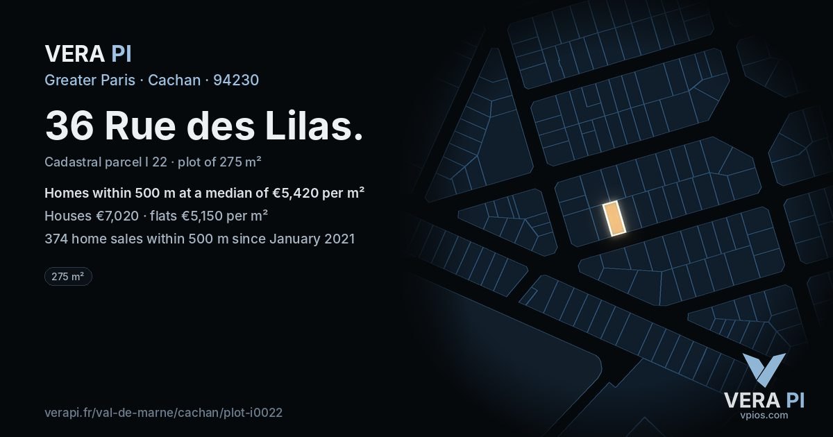 36 Rue des Lilas, Cachan at night – the plot lit, the parcels around coloured by the prices near them