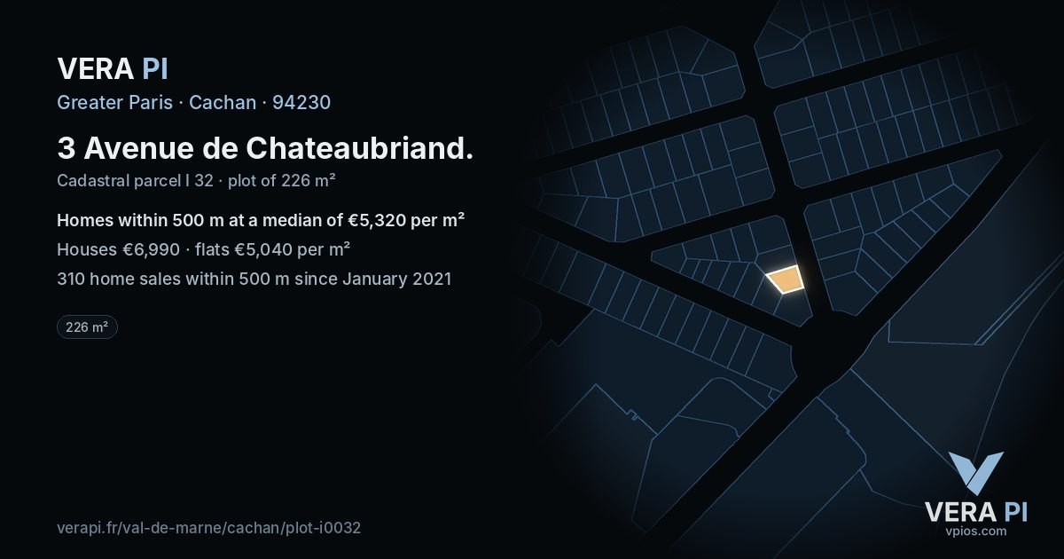 3 Avenue de Chateaubriand, Cachan at night – the plot lit, the parcels around coloured by the prices near them
