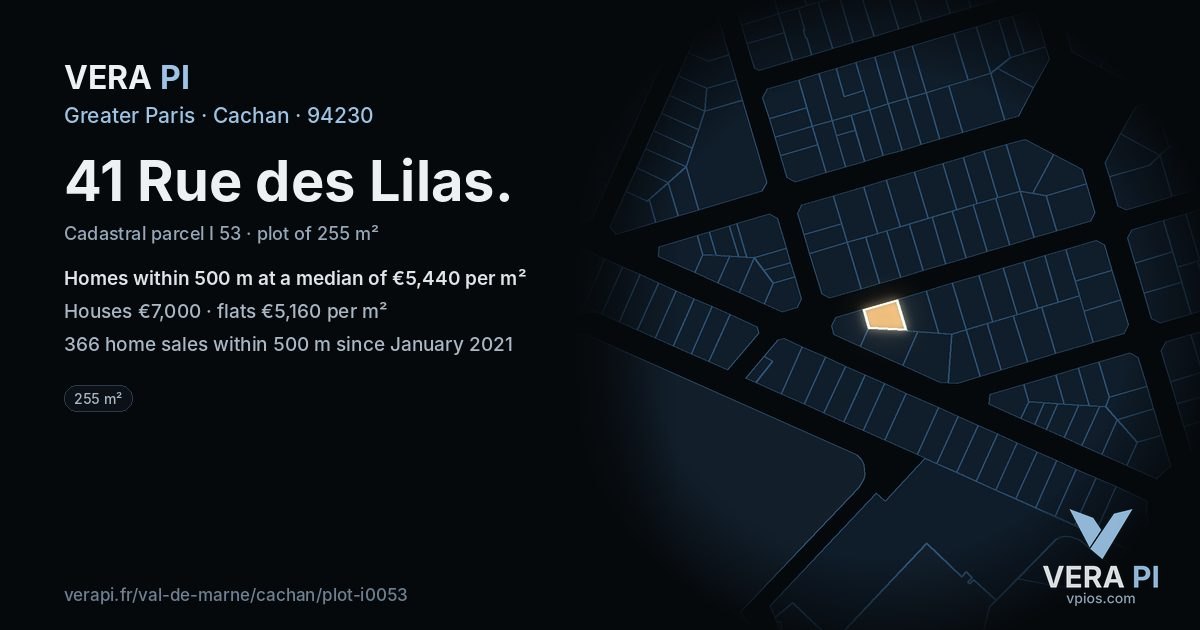 41 Rue des Lilas, Cachan at night – the plot lit, the parcels around coloured by the prices near them
