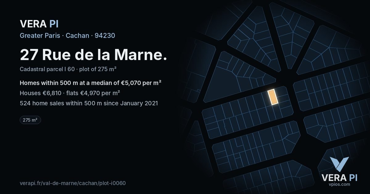 27 Rue de la Marne, Cachan at night – the plot lit, the parcels around coloured by the prices near them