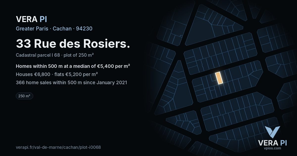 33 Rue des Rosiers, Cachan at night – the plot lit, the parcels around coloured by the prices near them