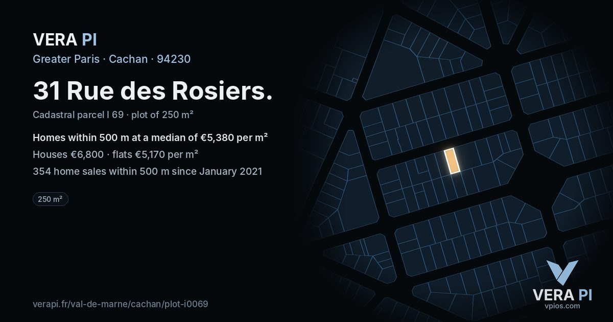 31 Rue des Rosiers, Cachan at night – the plot lit, the parcels around coloured by the prices near them