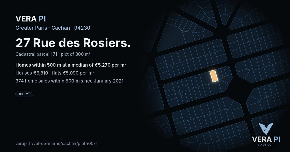 27 Rue des Rosiers, Cachan at night – the plot lit, the parcels around coloured by the prices near them