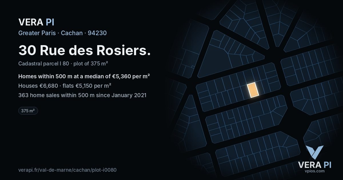 30 Rue des Rosiers, Cachan at night – the plot lit, the parcels around coloured by the prices near them