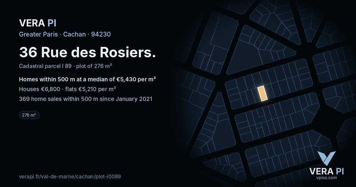 36 Rue des Rosiers, Cachan at night – the plot lit, the parcels around coloured by the prices near them