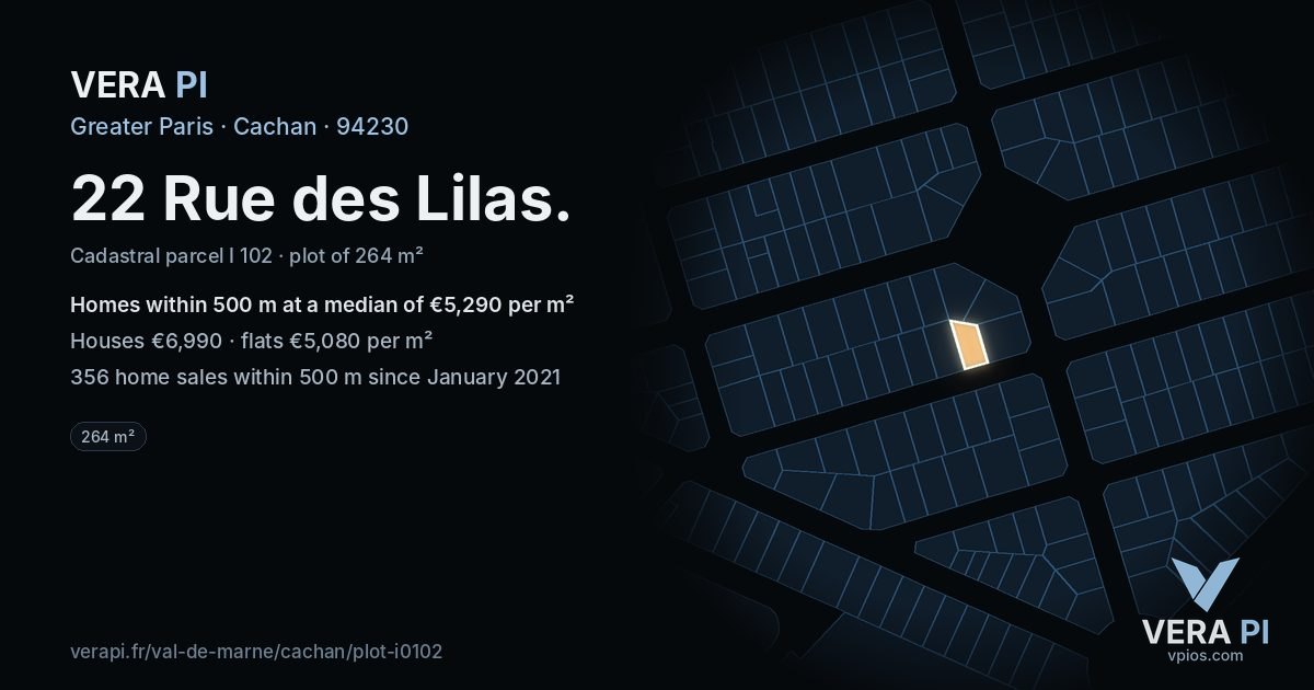 22 Rue des Lilas, Cachan at night – the plot lit, the parcels around coloured by the prices near them