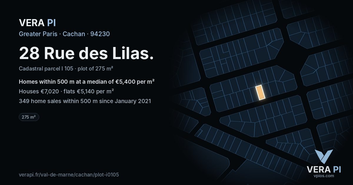 28 Rue des Lilas, Cachan at night – the plot lit, the parcels around coloured by the prices near them