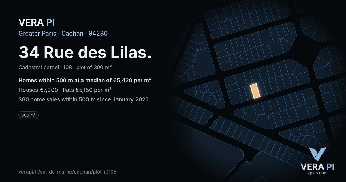 34 Rue des Lilas, Cachan at night – the plot lit, the parcels around coloured by the prices near them