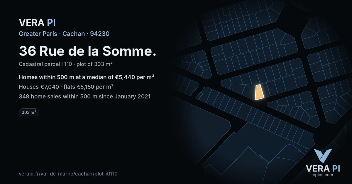 36 Rue de la Somme, Cachan at night – the plot lit, the parcels around coloured by the prices near them
