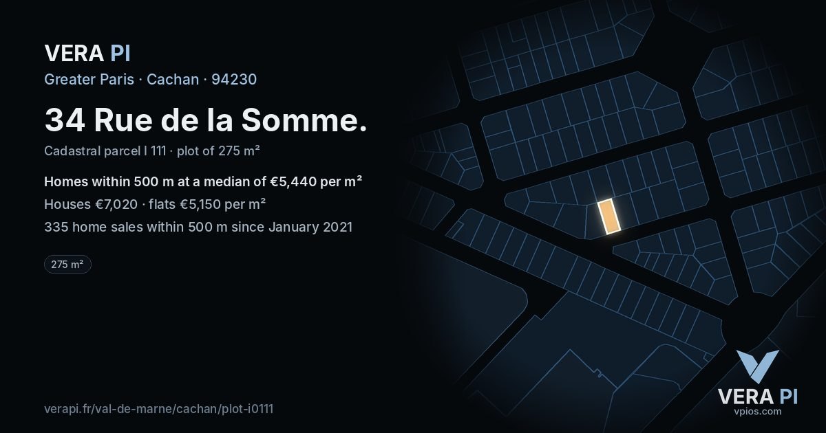 34 Rue de la Somme, Cachan at night – the plot lit, the parcels around coloured by the prices near them