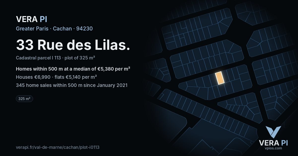 33 Rue des Lilas, Cachan at night – the plot lit, the parcels around coloured by the prices near them
