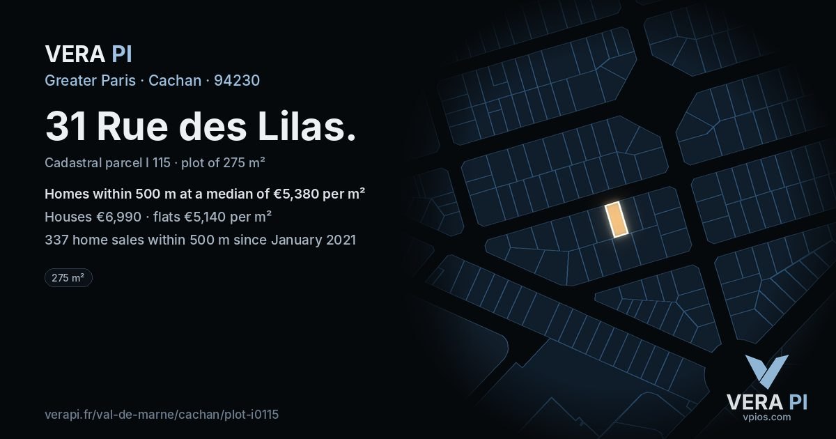 31 Rue des Lilas, Cachan at night – the plot lit, the parcels around coloured by the prices near them
