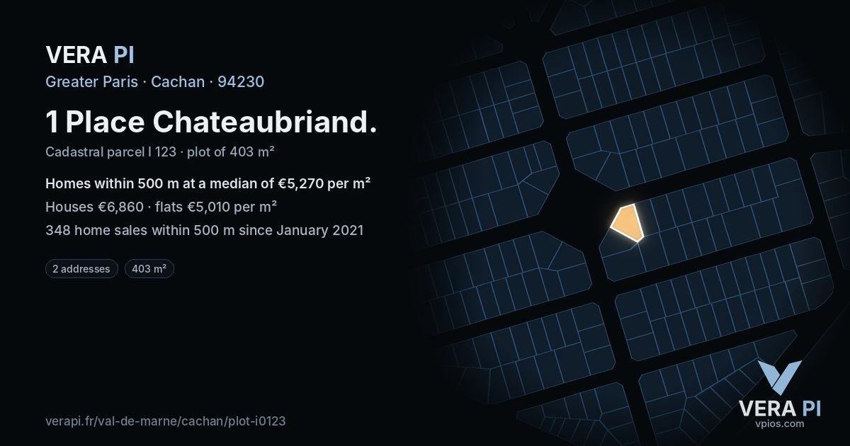 1 Place Chateaubriand, Cachan at night – the plot lit, the parcels around coloured by the prices near them