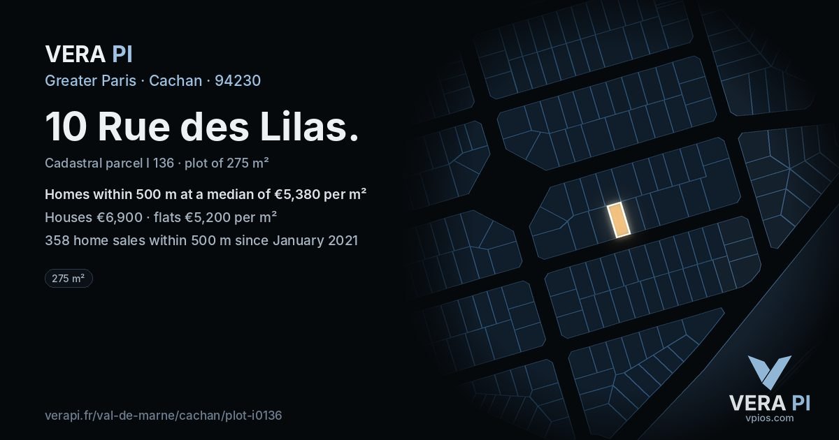 10 Rue des Lilas, Cachan at night – the plot lit, the parcels around coloured by the prices near them