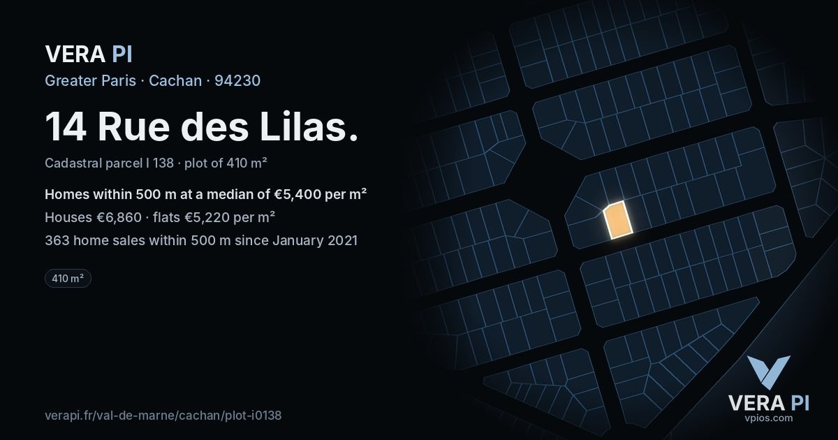 14 Rue des Lilas, Cachan at night – the plot lit, the parcels around coloured by the prices near them