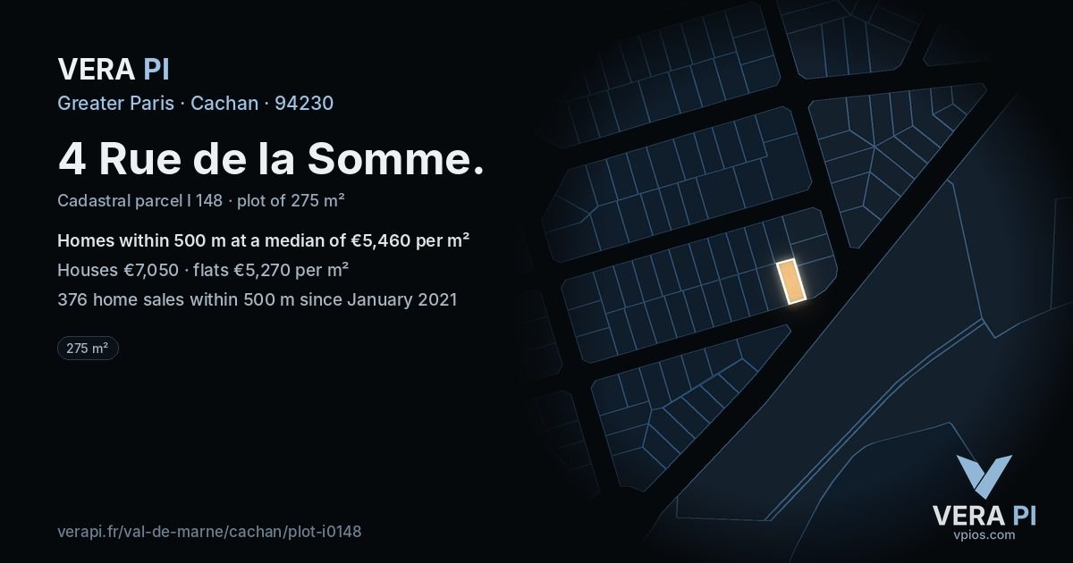 4 Rue de la Somme, Cachan at night – the plot lit, the parcels around coloured by the prices near them