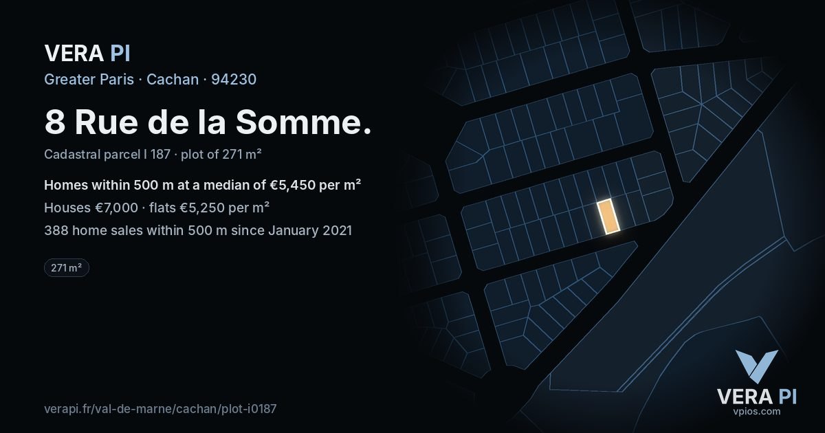 8 Rue de la Somme, Cachan at night – the plot lit, the parcels around coloured by the prices near them