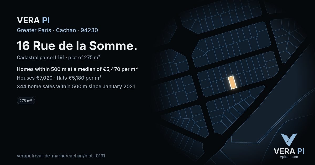 16 Rue de la Somme, Cachan at night – the plot lit, the parcels around coloured by the prices near them