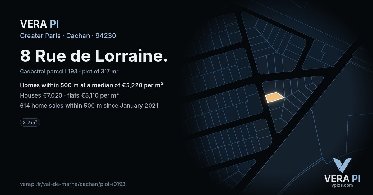 8 Rue de Lorraine, Cachan at night – the plot lit, the parcels around coloured by the prices near them