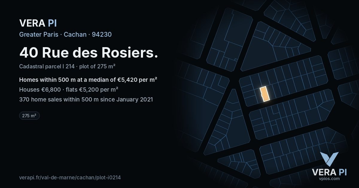 40 Rue des Rosiers, Cachan at night – the plot lit, the parcels around coloured by the prices near them