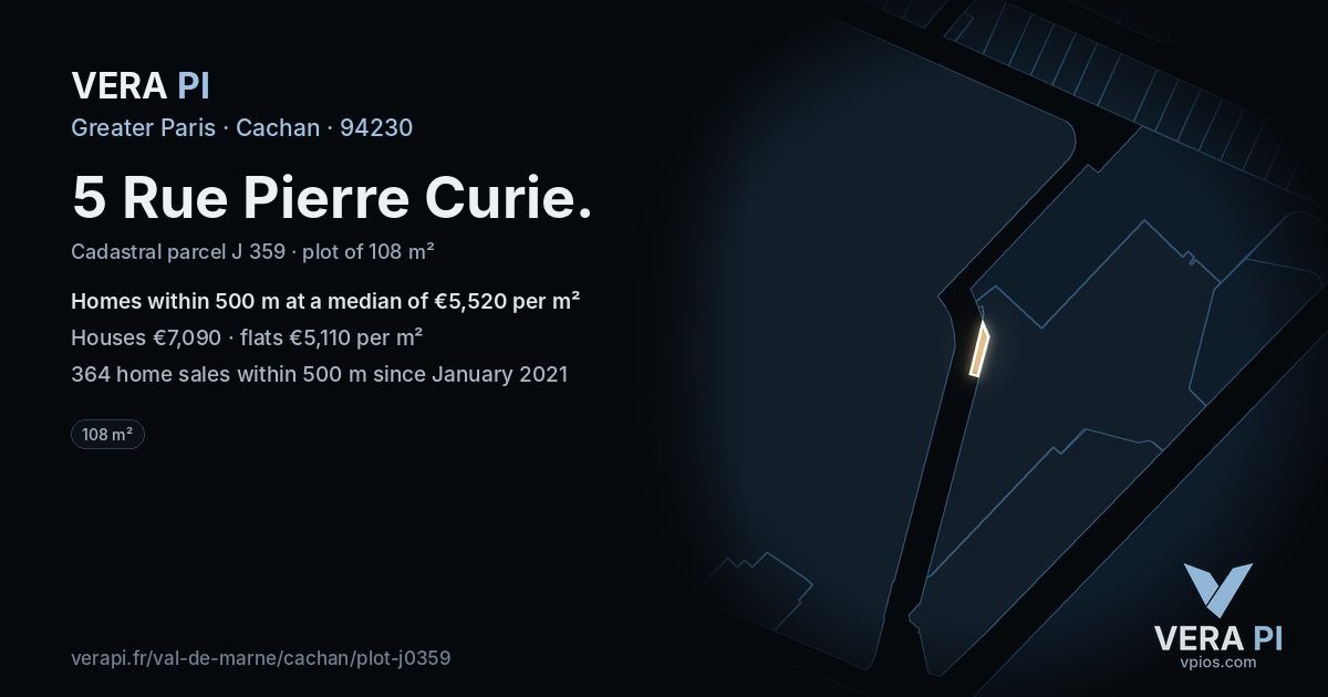 5 Rue Pierre Curie, Cachan at night – the plot lit, the parcels around coloured by the prices near them