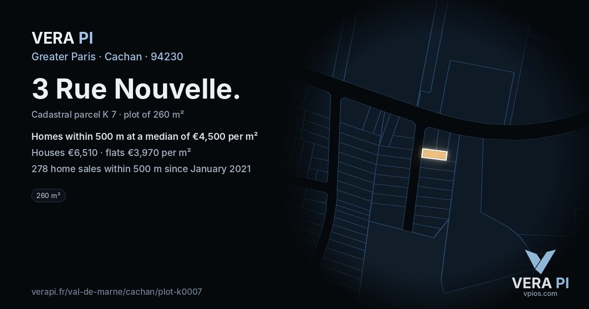 3 Rue Nouvelle, Cachan at night – the plot lit, the parcels around coloured by the prices near them