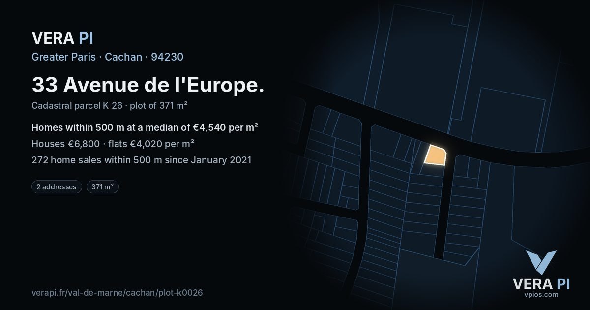 33 Avenue de l'Europe, Cachan at night – the plot lit, the parcels around coloured by the prices near them