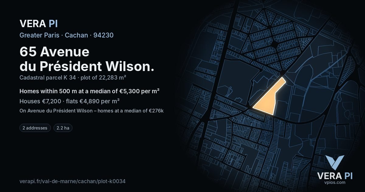 65 Avenue du Président Wilson, Cachan at night – the plot lit, the parcels around coloured by the prices near them