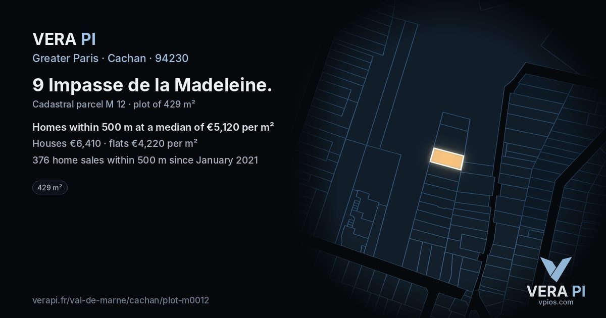 9 Impasse de la Madeleine, Cachan at night – the plot lit, the parcels around coloured by the prices near them