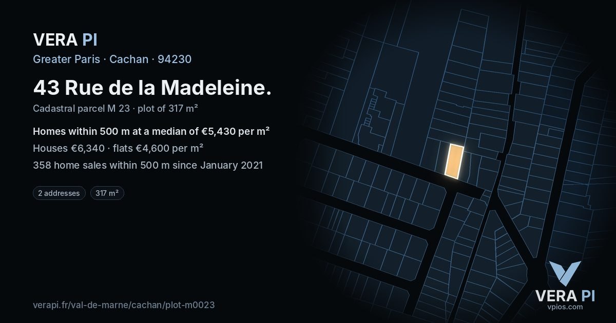 43 Rue de la Madeleine, Cachan at night – the plot lit, the parcels around coloured by the prices near them