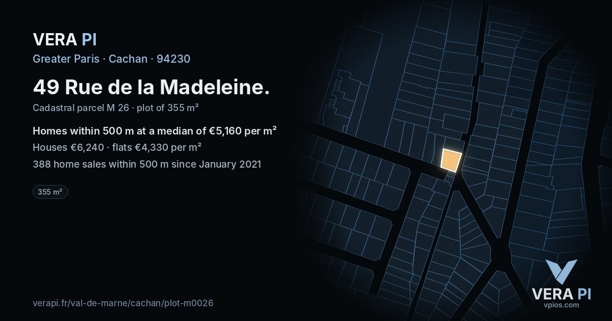 49 Rue de la Madeleine, Cachan at night – the plot lit, the parcels around coloured by the prices near them