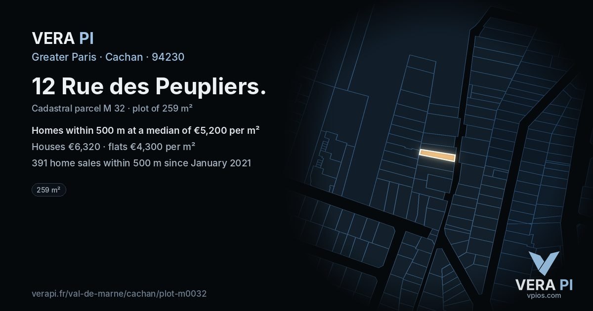 12 Rue des Peupliers, Cachan at night – the plot lit, the parcels around coloured by the prices near them