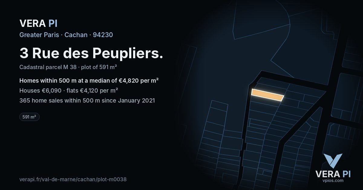 3 Rue des Peupliers, Cachan at night – the plot lit, the parcels around coloured by the prices near them