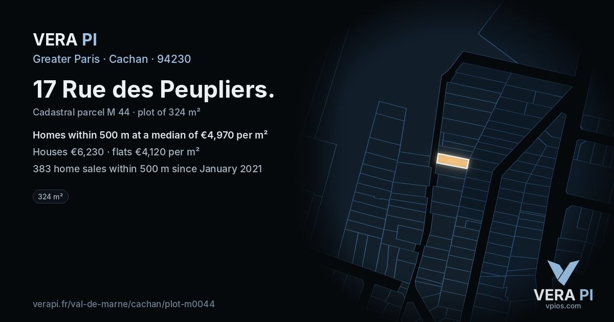 17 Rue des Peupliers, Cachan at night – the plot lit, the parcels around coloured by the prices near them