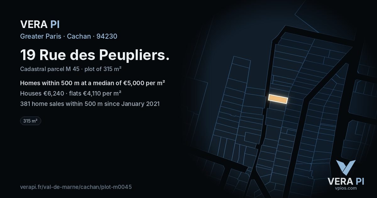 19 Rue des Peupliers, Cachan at night – the plot lit, the parcels around coloured by the prices near them
