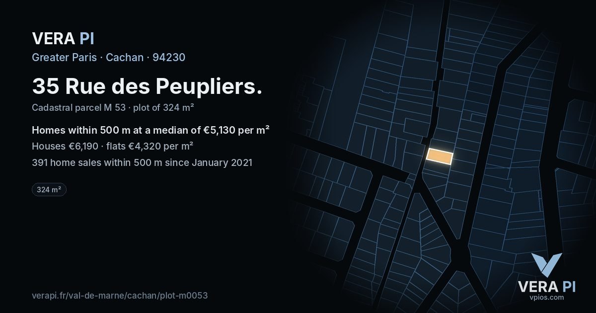 35 Rue des Peupliers, Cachan at night – the plot lit, the parcels around coloured by the prices near them