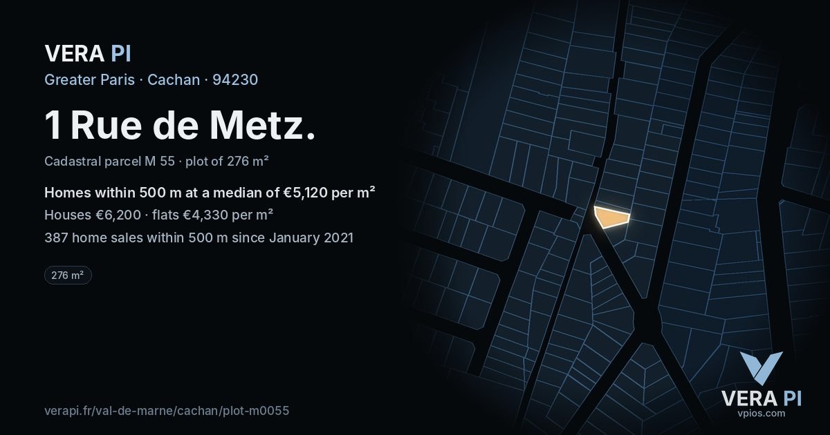 1 Rue de Metz, Cachan at night – the plot lit, the parcels around coloured by the prices near them