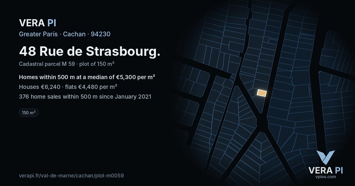 48 Rue de Strasbourg, Cachan at night – the plot lit, the parcels around coloured by the prices near them