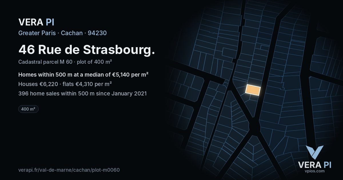 46 Rue de Strasbourg, Cachan at night – the plot lit, the parcels around coloured by the prices near them