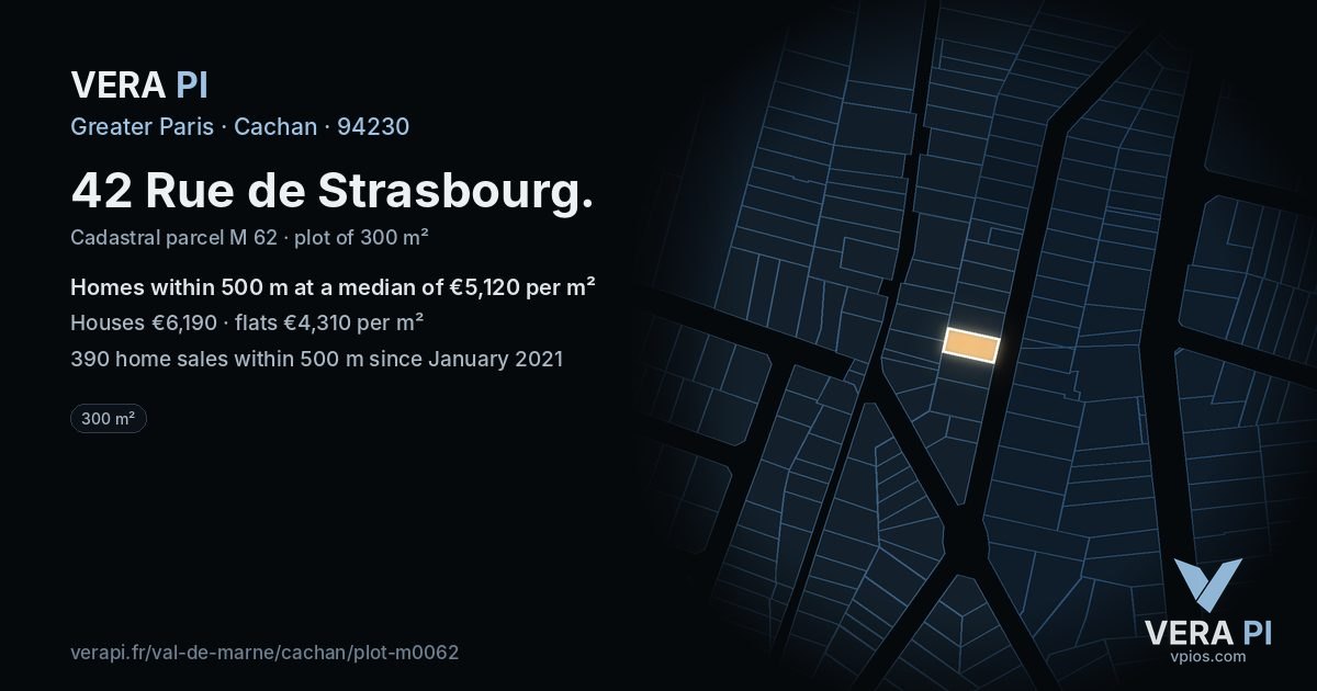 42 Rue de Strasbourg, Cachan at night – the plot lit, the parcels around coloured by the prices near them