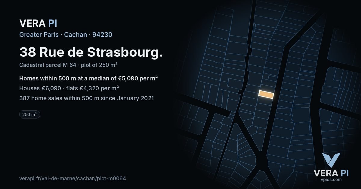 38 Rue de Strasbourg, Cachan at night – the plot lit, the parcels around coloured by the prices near them