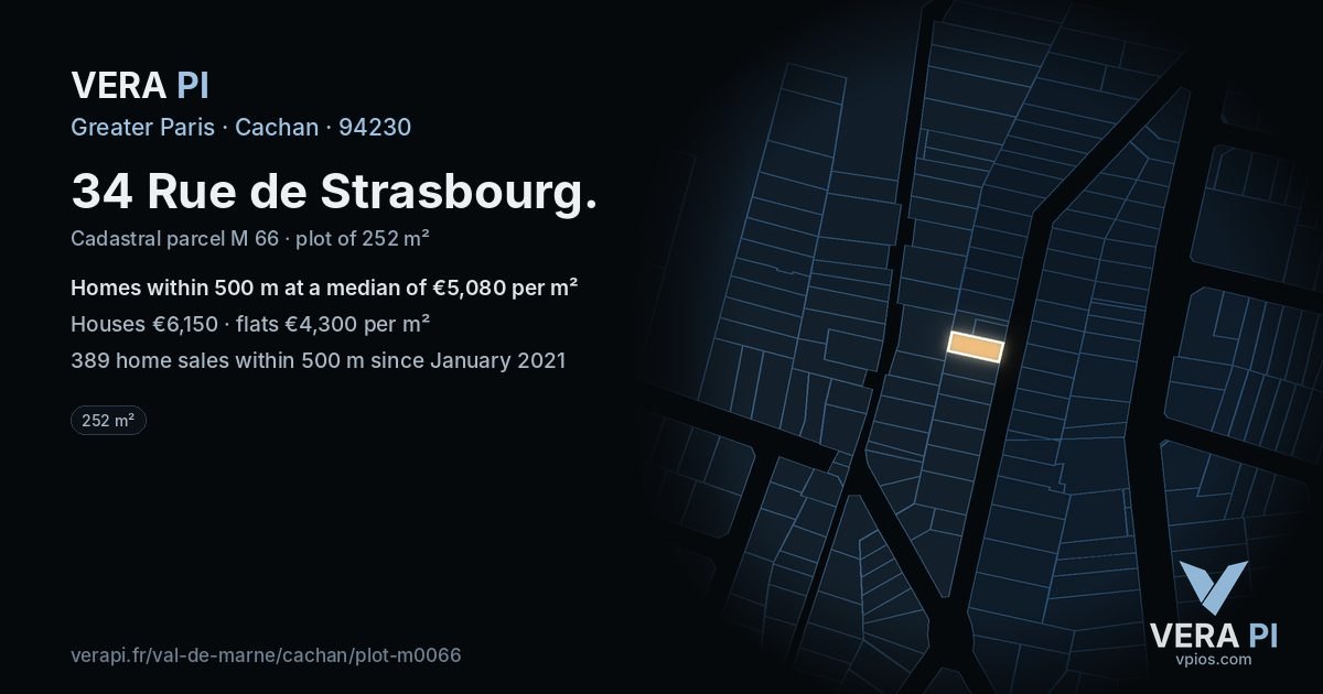 34 Rue de Strasbourg, Cachan at night – the plot lit, the parcels around coloured by the prices near them