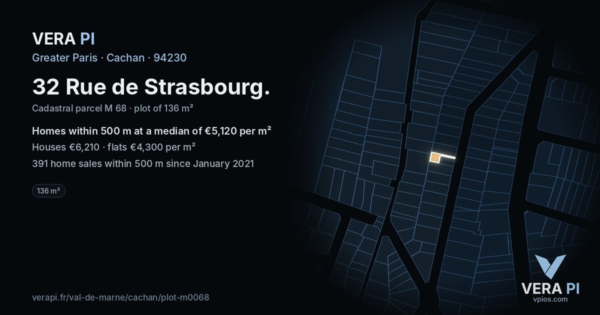 32 Rue de Strasbourg, Cachan at night – the plot lit, the parcels around coloured by the prices near them