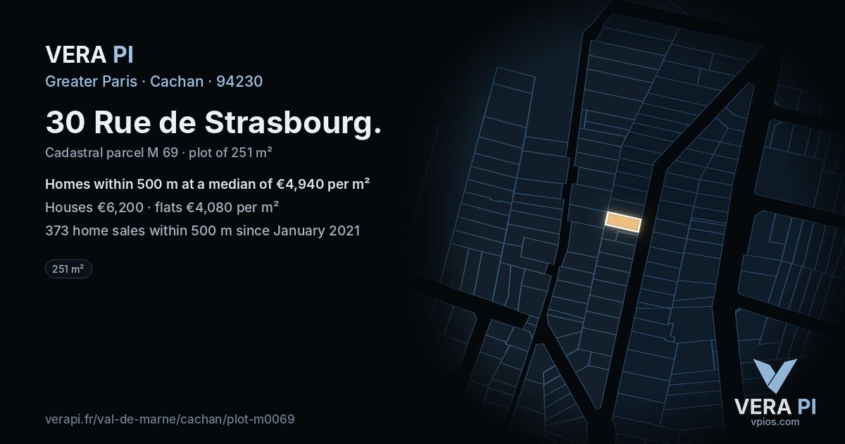 30 Rue de Strasbourg, Cachan at night – the plot lit, the parcels around coloured by the prices near them